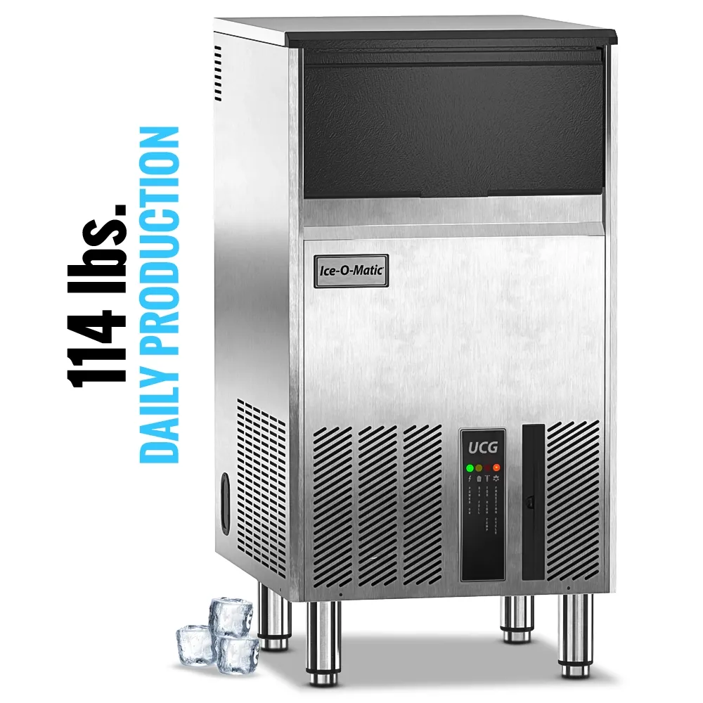 Ice-O-Matic air cooled undercounter gourmet cube ice machine with convenient storage bin, ideal for bars, restaurants, and cafes.