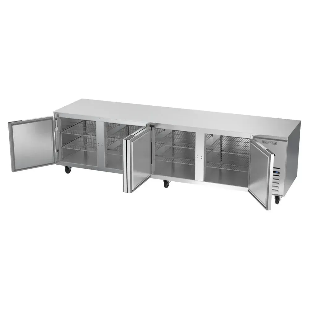 Extra-wide undercounter refrigerator by Beverage-Air fits under prep table with stainless finish, large storage, and seamless front-breathing install.