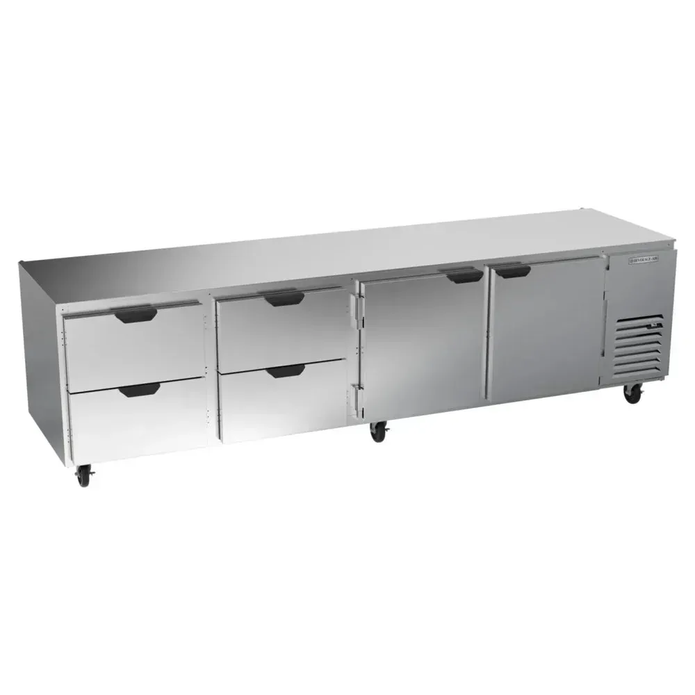 Beverage-Air undercounter refrigerator with two doors and four drawers, offering flexible storage for pans, ingredients, and prep essentials.