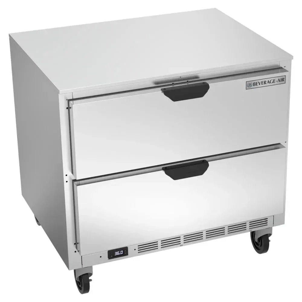 Beverage-Air two-drawer undercounter refrigerator fits beneath espresso counters, chilling milk, syrups, and toppings for cafes.