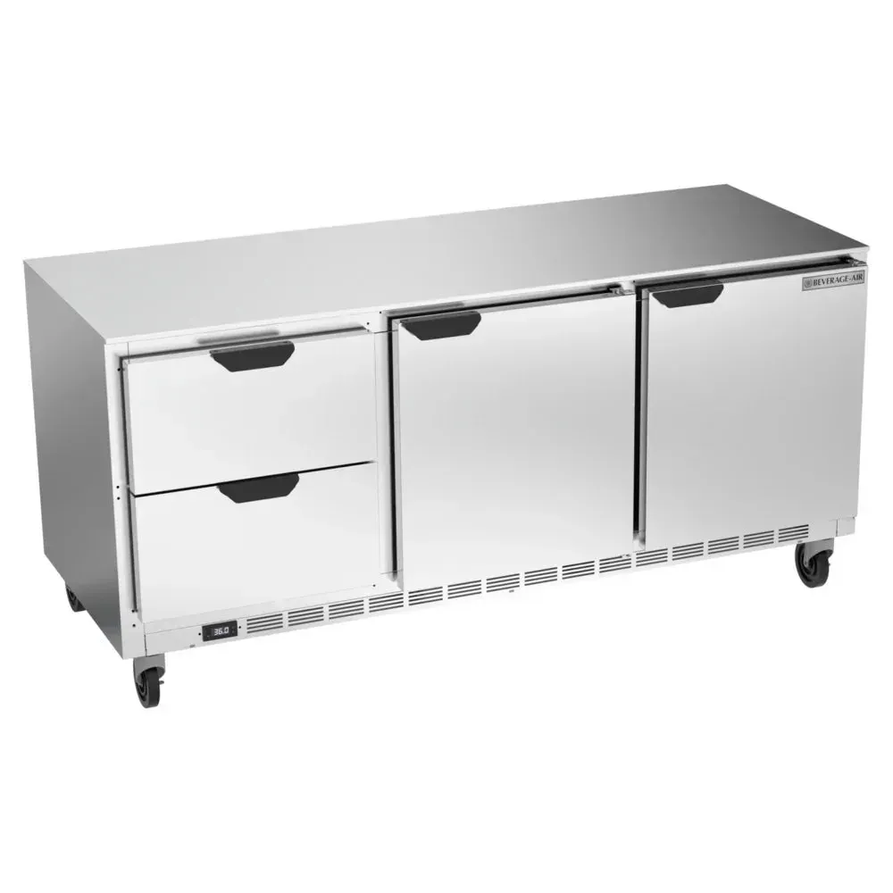 Beverage-Air undercounter refrigerator with two doors and two drawers offers fast access storage for busy cafes and breakfast stations.