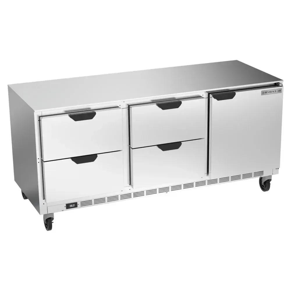 One door and four drawers in this Beverage-Air undercounter refrigerator allow separate storage for bulk items and garnishes in kitchens.