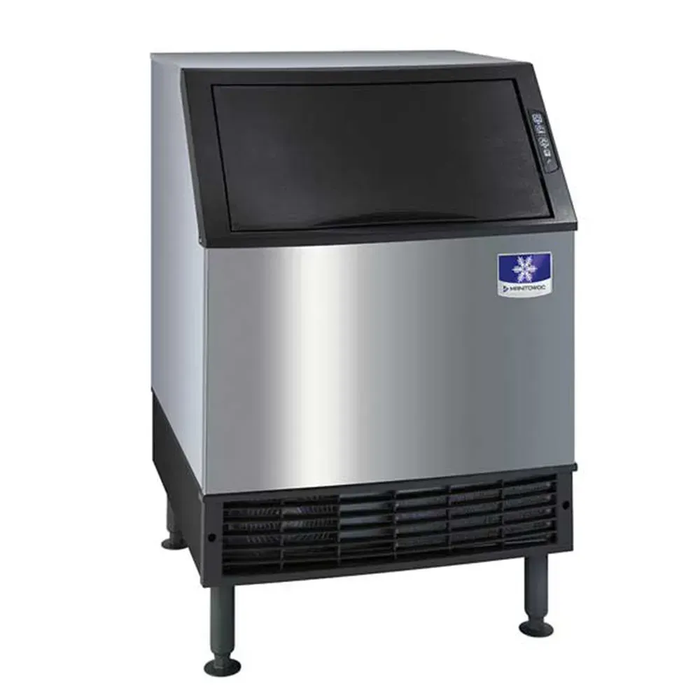 Manitowoc air-cooled undercounter dice cube ice machine with thirty-inch width and bin, designed for reliable ice service in tight commercial spaces.