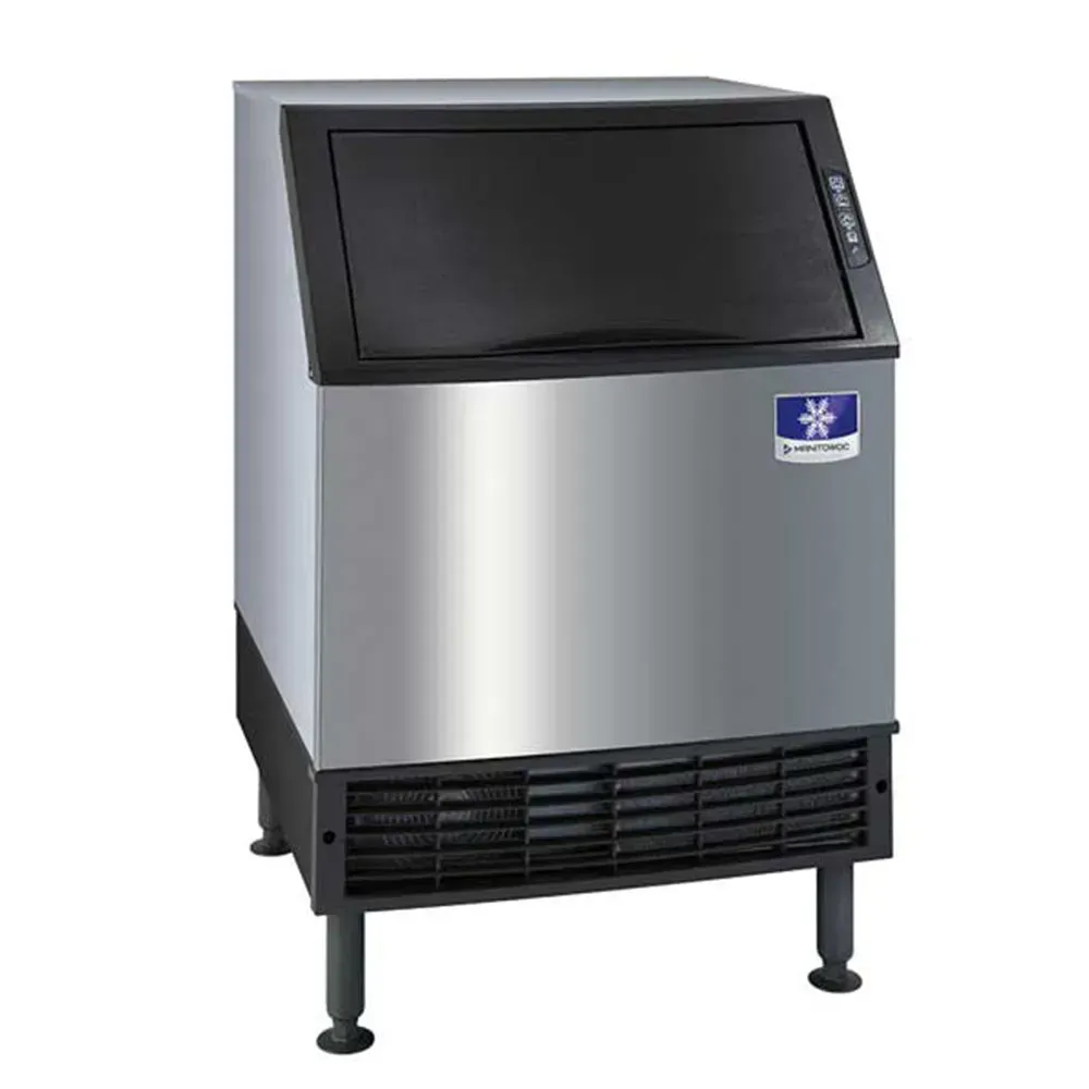 Manitowoc air-cooled undercounter ice machine with ninety pound bin. Perfect for hotels, restaurants, or cafés with self-serve drink stations.