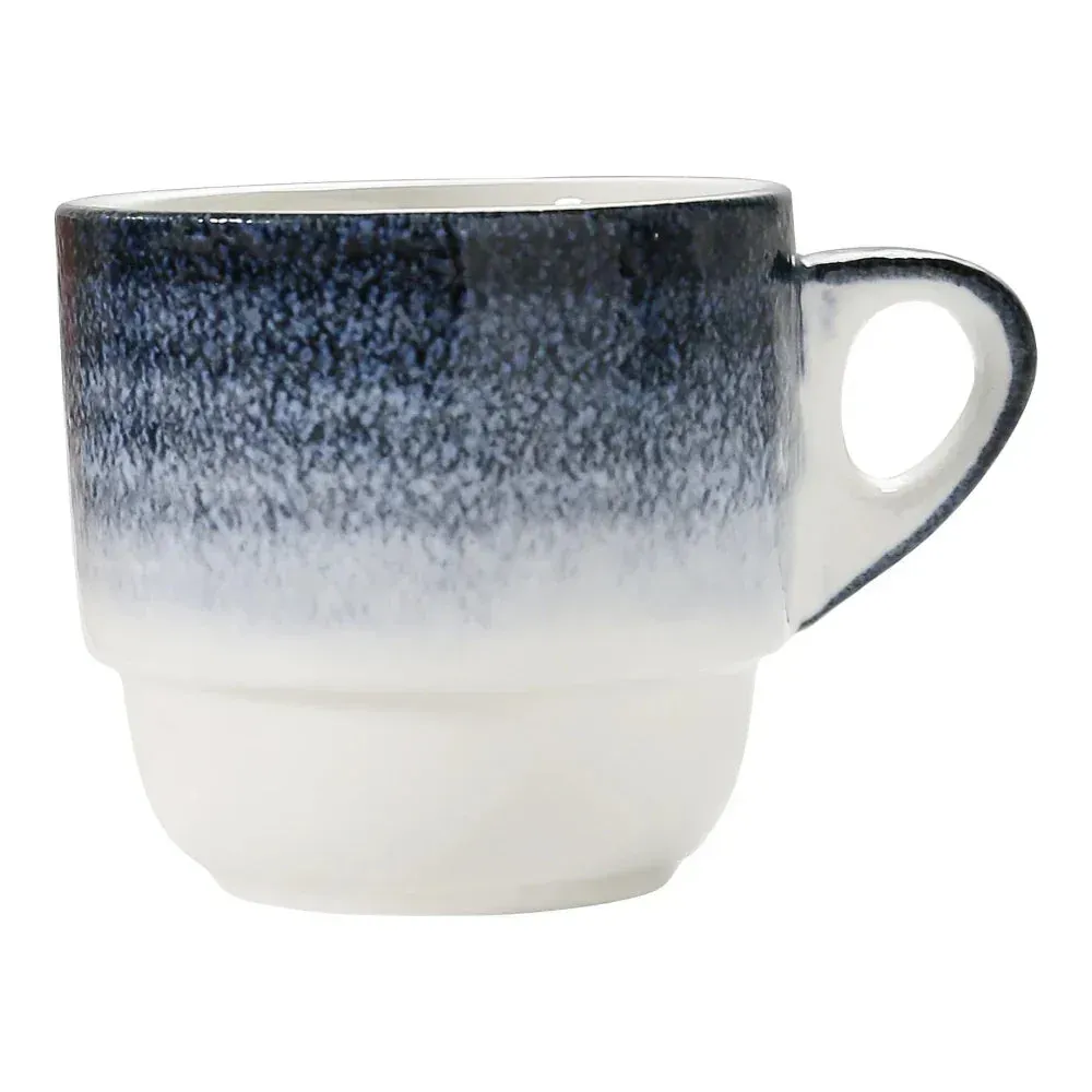 Yanco China stackable coffee cup with blue and white gradient, perfect for serving hot drinks with elegance, comfort, and modern table appeal.