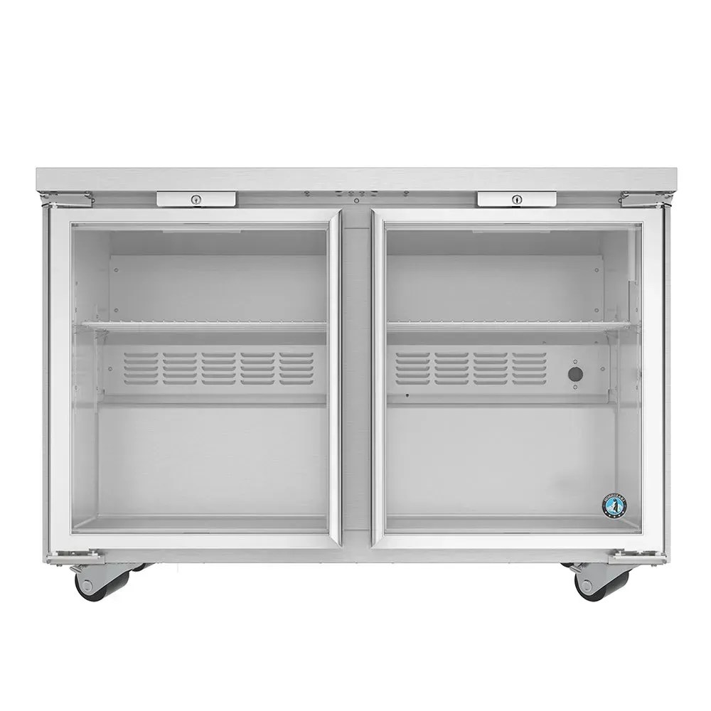 Low profile undercounter refrigerator from Hoshizaki America with a glass door for sleek, modern, compact food storage in contemporary kitchens.