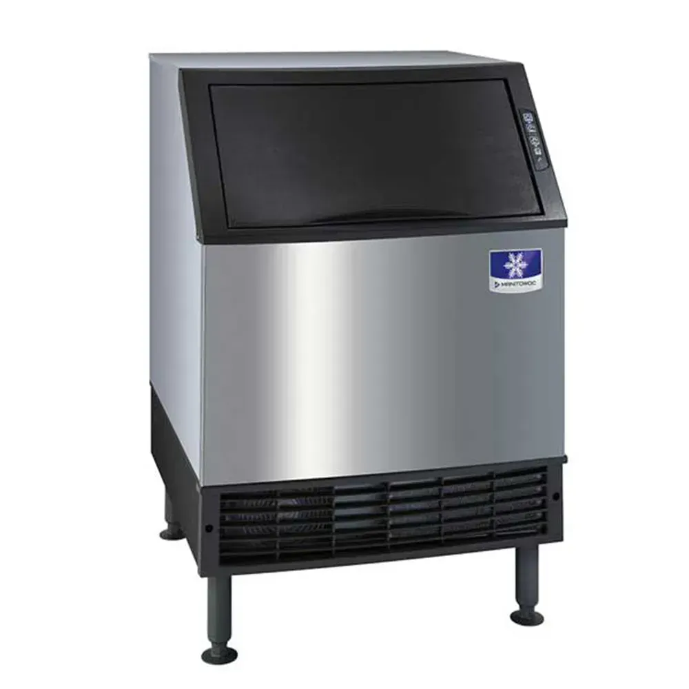 Manitowoc air-cooled undercounter half-dice ice maker with compact ninety pound bin delivers strong output for hotel, restaurant, or café operations.