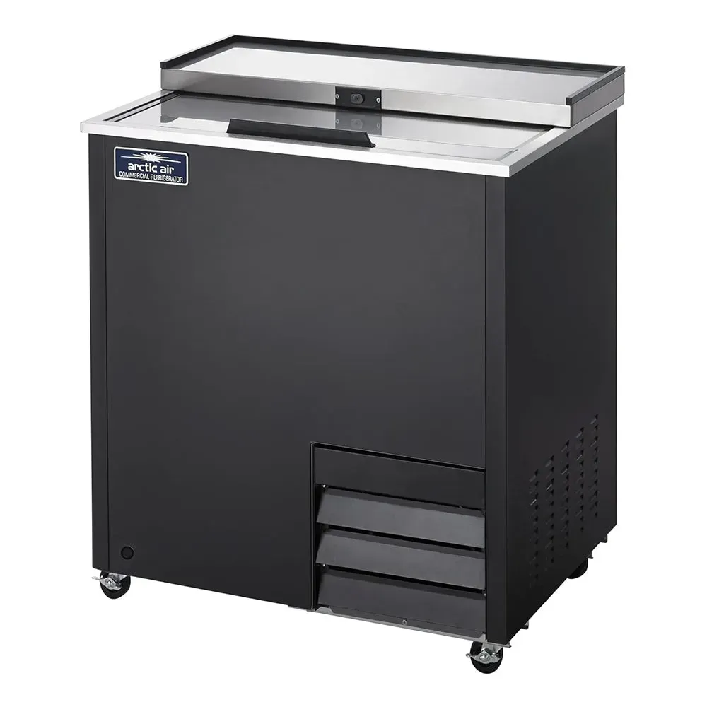 Arctic Air black glass froster with sliding lid chills mugs for craft beer service, ideal for tight bar counters or cafe setups with limited space.