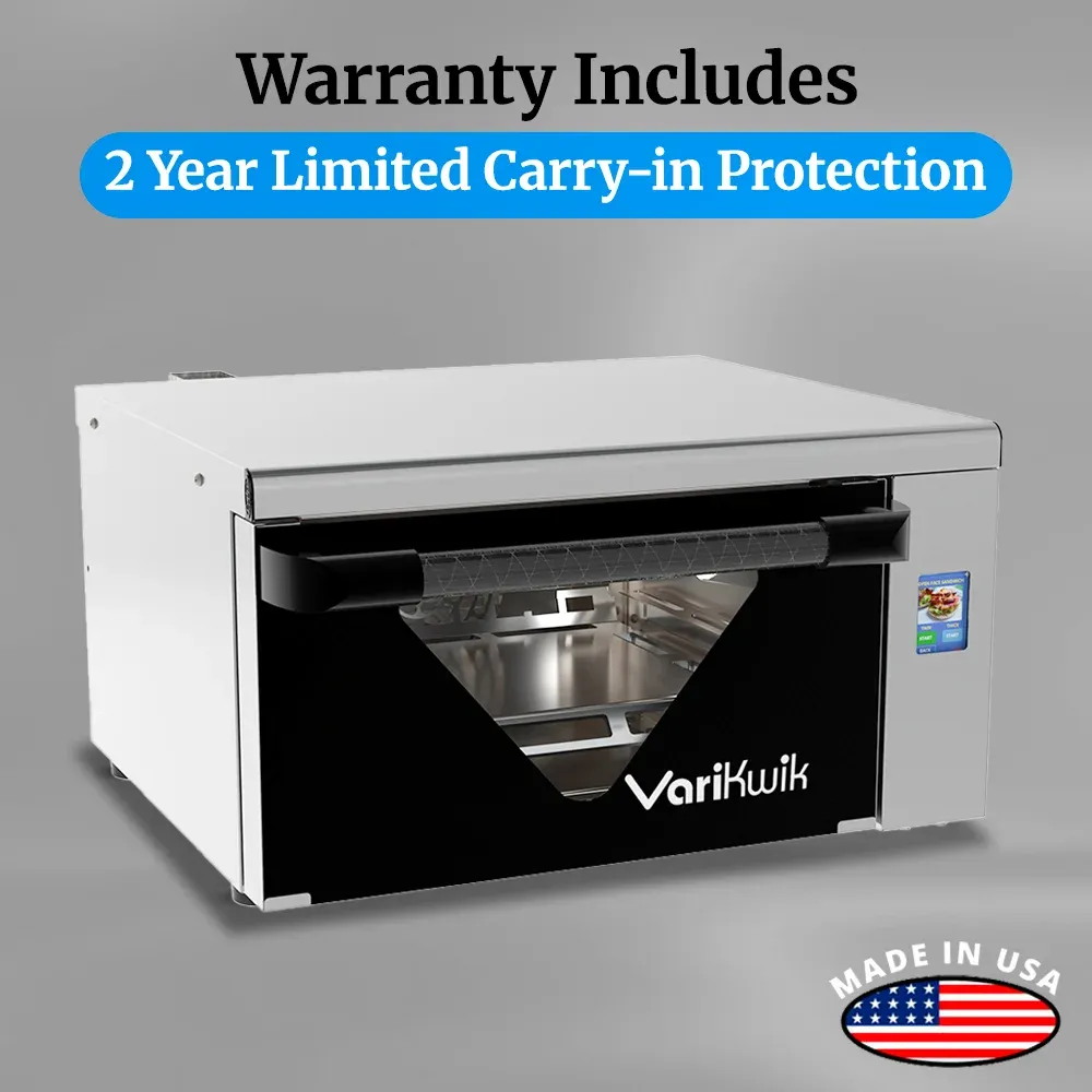 Cadco stainless steel countertop high-speed oven with touchscreen, rapid bake, compact commercial kitchen, durable, easy-clean, catering bakery.