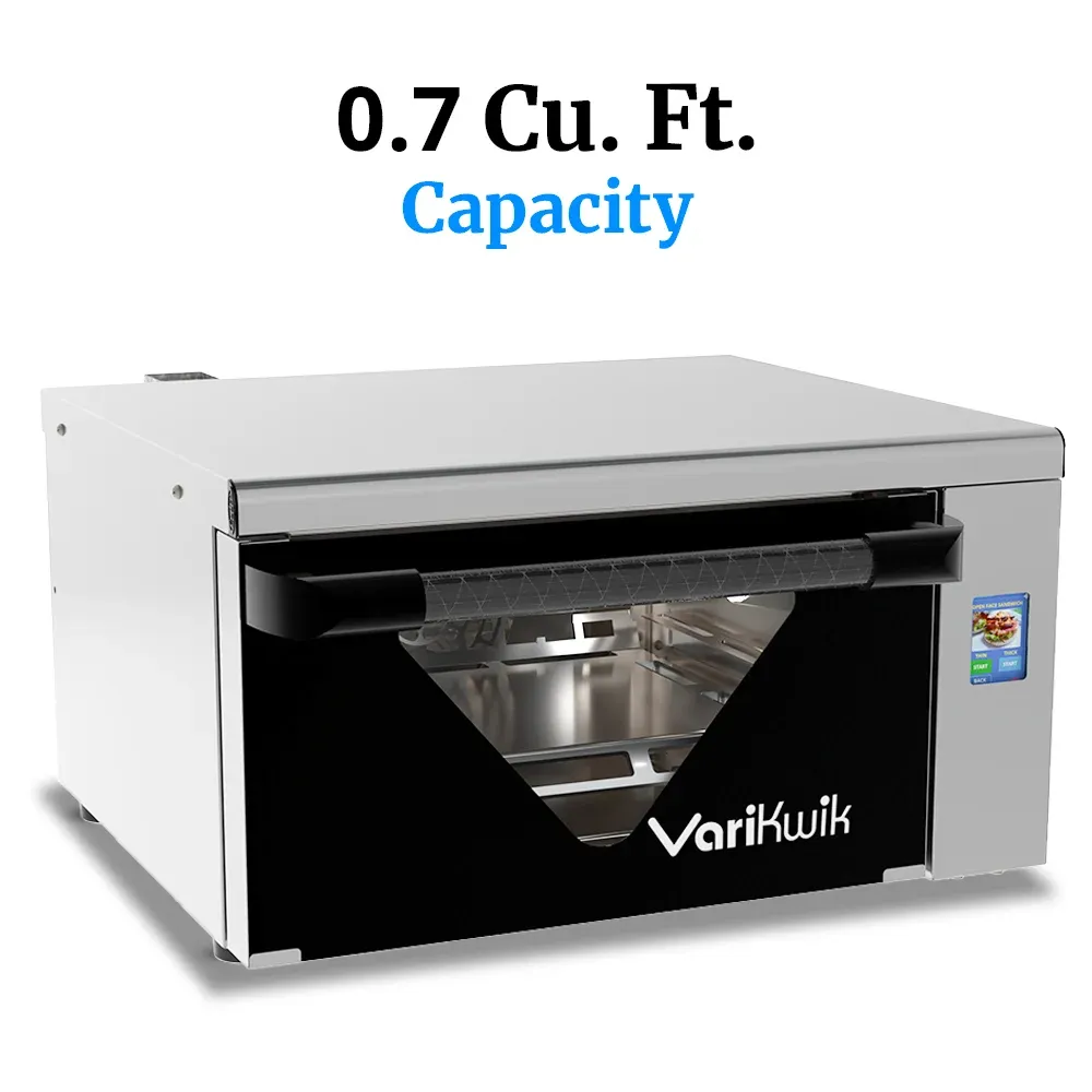 Cadco stainless steel countertop high-speed oven with touchscreen, rapid bake, compact commercial kitchen, durable, easy-clean, catering bakery.