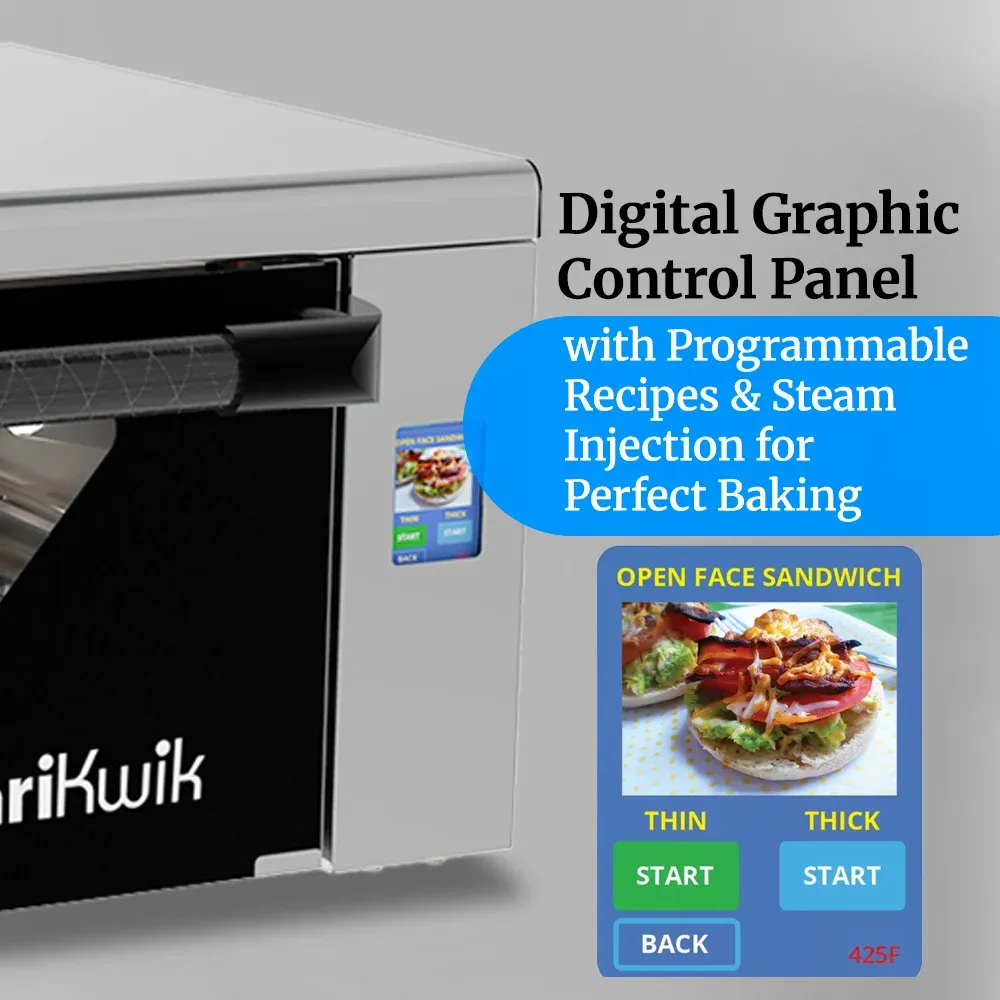 Cadco stainless steel countertop high-speed oven with touchscreen, rapid bake, compact commercial kitchen, durable, easy-clean, catering bakery.