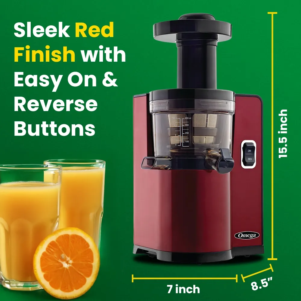 Omega Juicer red vertical masticating cold press juicer with automatic pulp ejection, combining style, convenience, and juice quality.