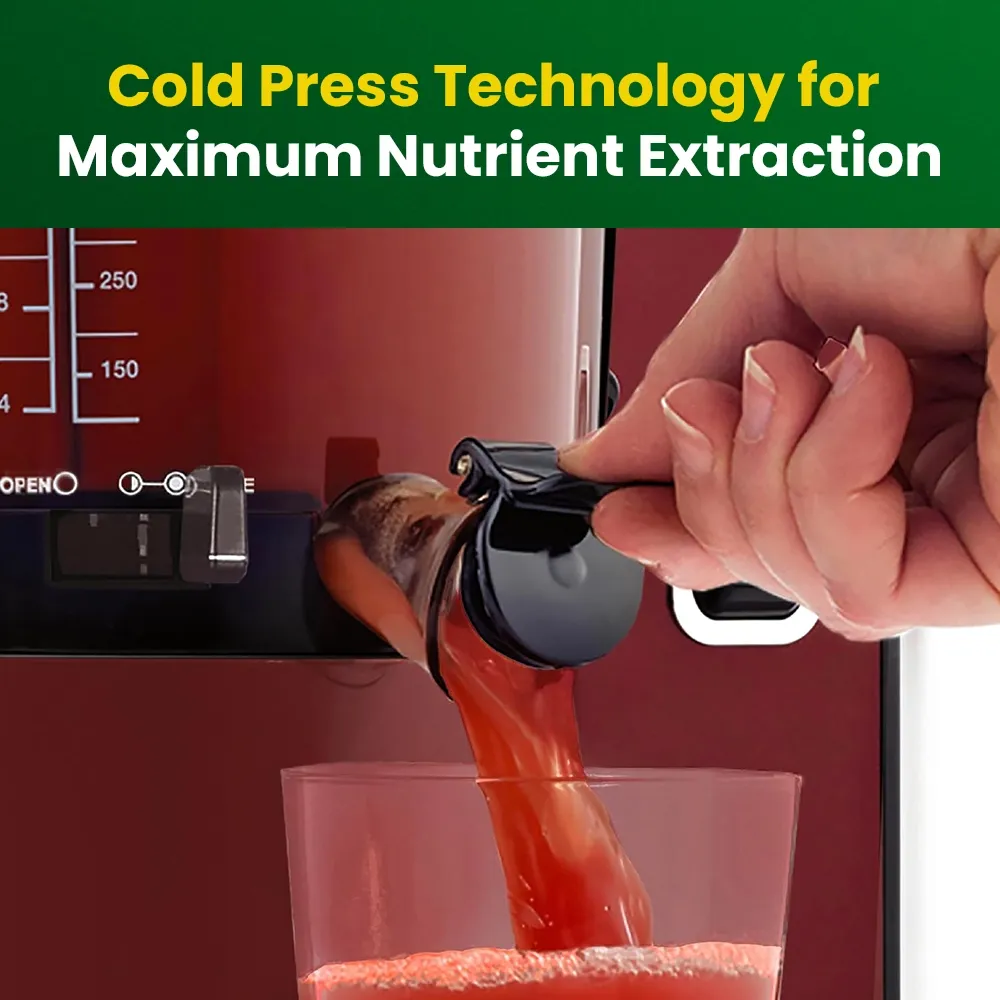 Omega Juicer red vertical masticating cold press juicer with automatic pulp ejection, combining style, convenience, and juice quality.