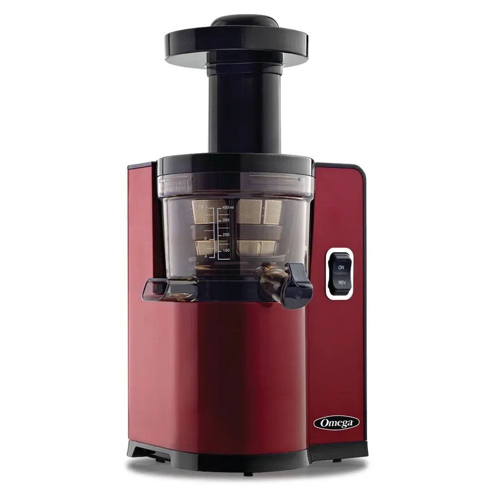 Omega Juicer red vertical masticating cold press juicer with automatic pulp ejection, combining style, convenience, and juice quality.