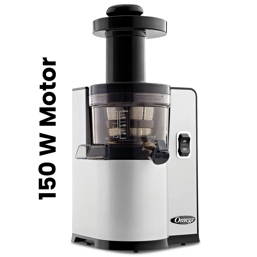 Omega Juicer vertical silver cold press juicer for cafes or hotels, slow squeeze preserves nutrients with compact and quiet operation.
