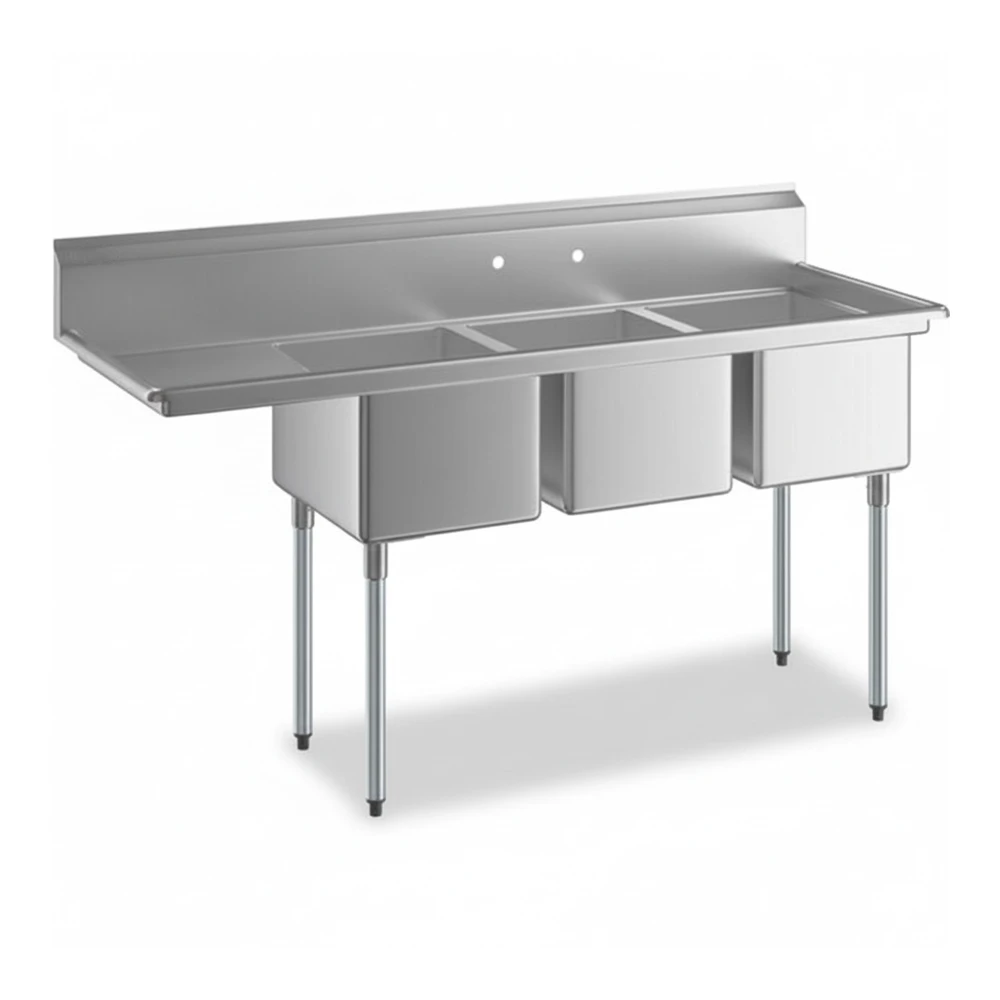 ChefPro Series 72" 3-Compartment Commercial Sink with 1 Drainboard, 16" x 20" x 12" Bowls