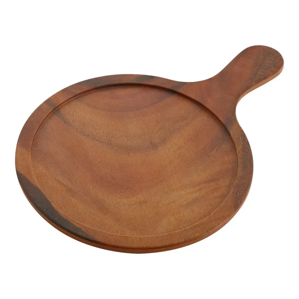 Yanco China brown melamine round wooden tray with handle, perfect for elegant dish presentation with durability and lasting style.