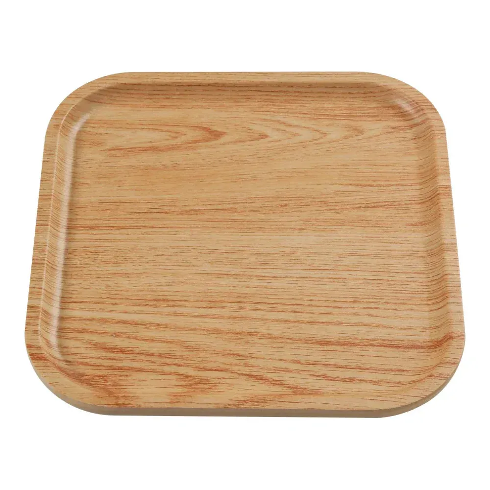 Yanco China melamine square tray with golden oak finish, ideal for dining and serving while enhancing presentation with timeless style.