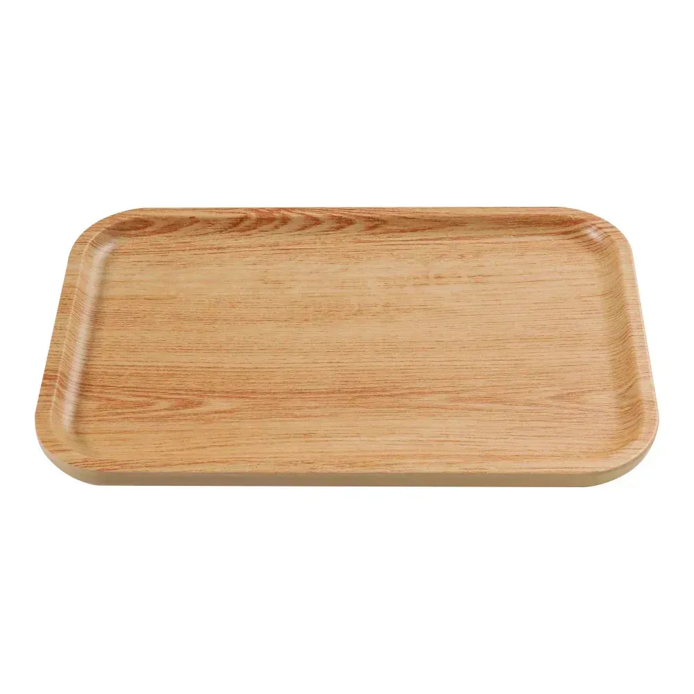 Yanco China golden oak melamine rectangular tray, perfect for rustic wood-look presentation at upscale catering or buffet service.