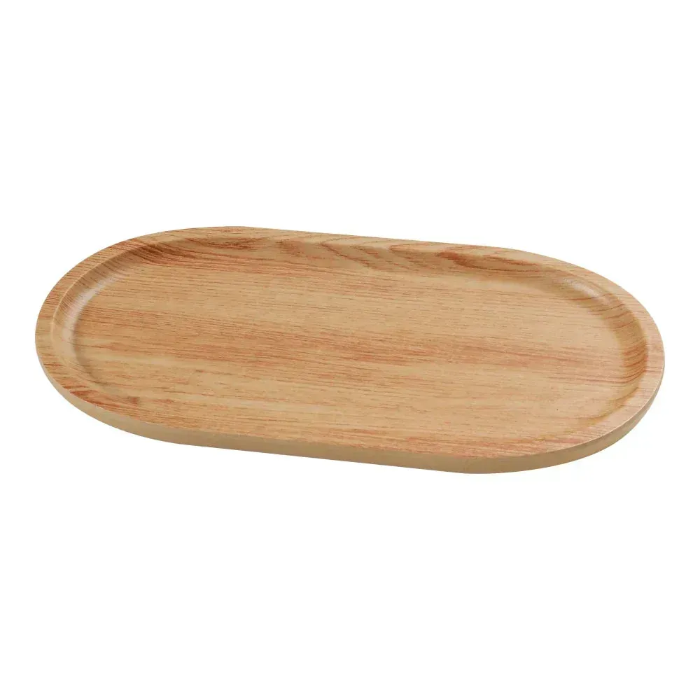 Yanco China oval wooden tray with golden oak pattern, perfect for stylishly presenting dishes, desserts, or snacks in any dining setting.