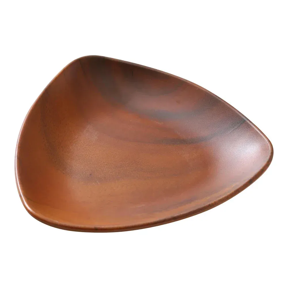 Yanco China triangular plate with wooden pattern, perfect for hearty meals while adding a rustic and welcoming charm to your table.