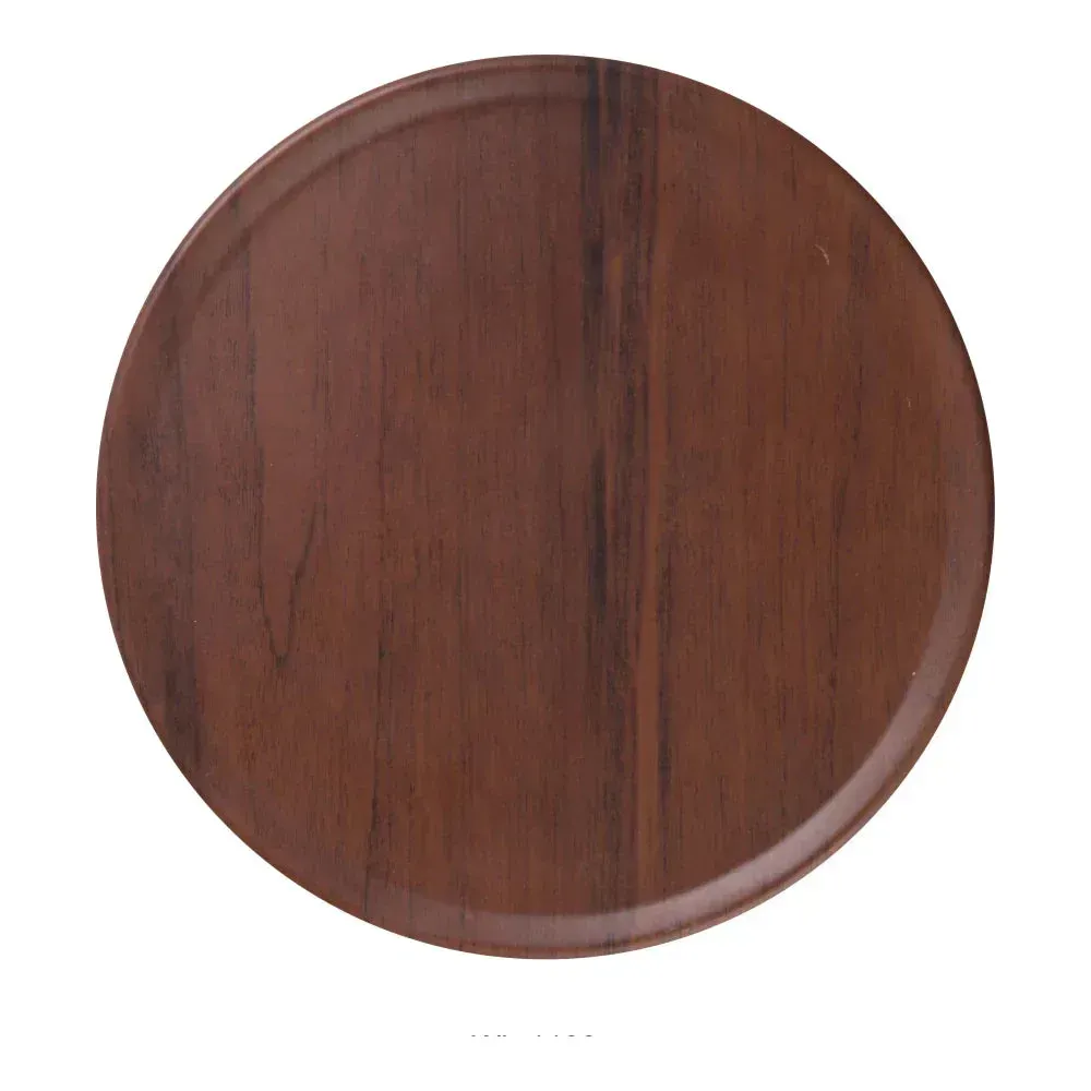 Yanco China round melamine plate with welcoming wood-grain pattern, adding style and easy-care appeal to any dining environment.