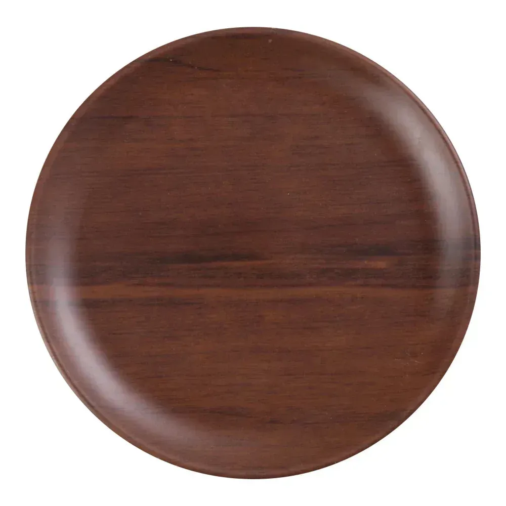 Yanco China round melamine plate with warm wood-grain design, crafted to complement any table setting with beauty and functionality.