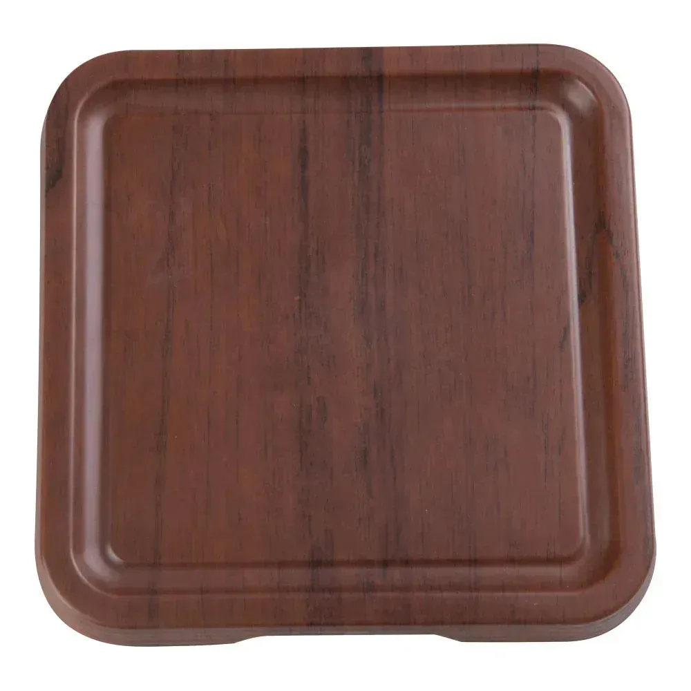 Yanco China medium melamine square wood-grain tray with foot, perfect for shared appetizers or desserts with warm natural wood appeal.