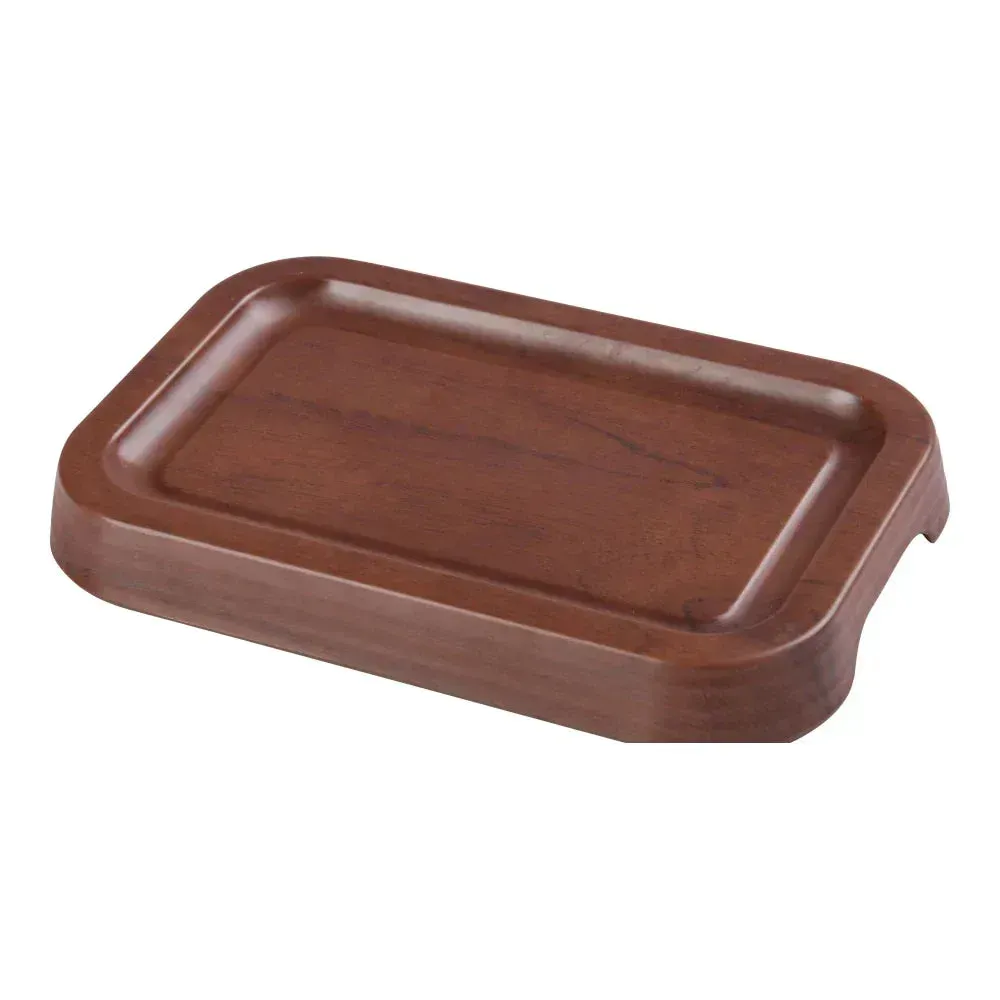 Yanco China melamine rectangular wood-grain tray with foot, perfect for presenting sides or small entrées in modern or classic dining.