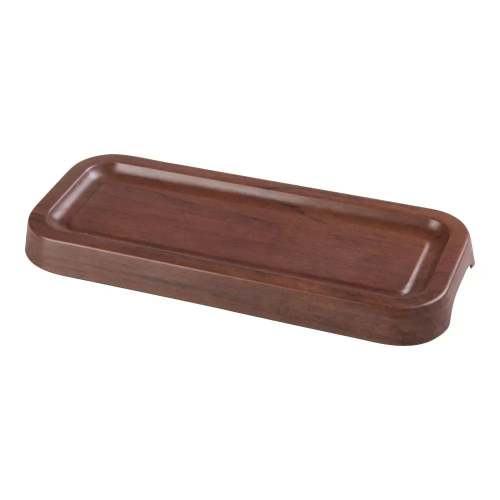 Yanco China melamine rectangular wood-grain tray with footed base, perfect for upscale appetizer or dessert presentation in fine dining.