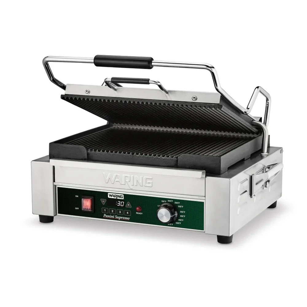 Waring WPG250TX Single Panini Press with Cast Iron Grooved Plates, 120V