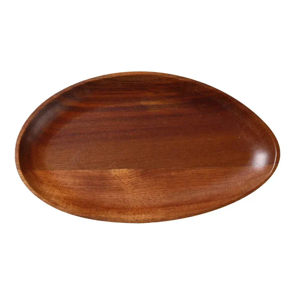 Yanco China oval wooden acacia serving tray showcasing natural grain patterns, ideal for rustic and stylish food presentation at events.