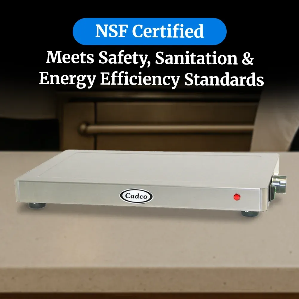 Cadco heavy-duty countertop warming shelf with adjustable heating, compact stainless design for durable commercial buffet or catering presentations.