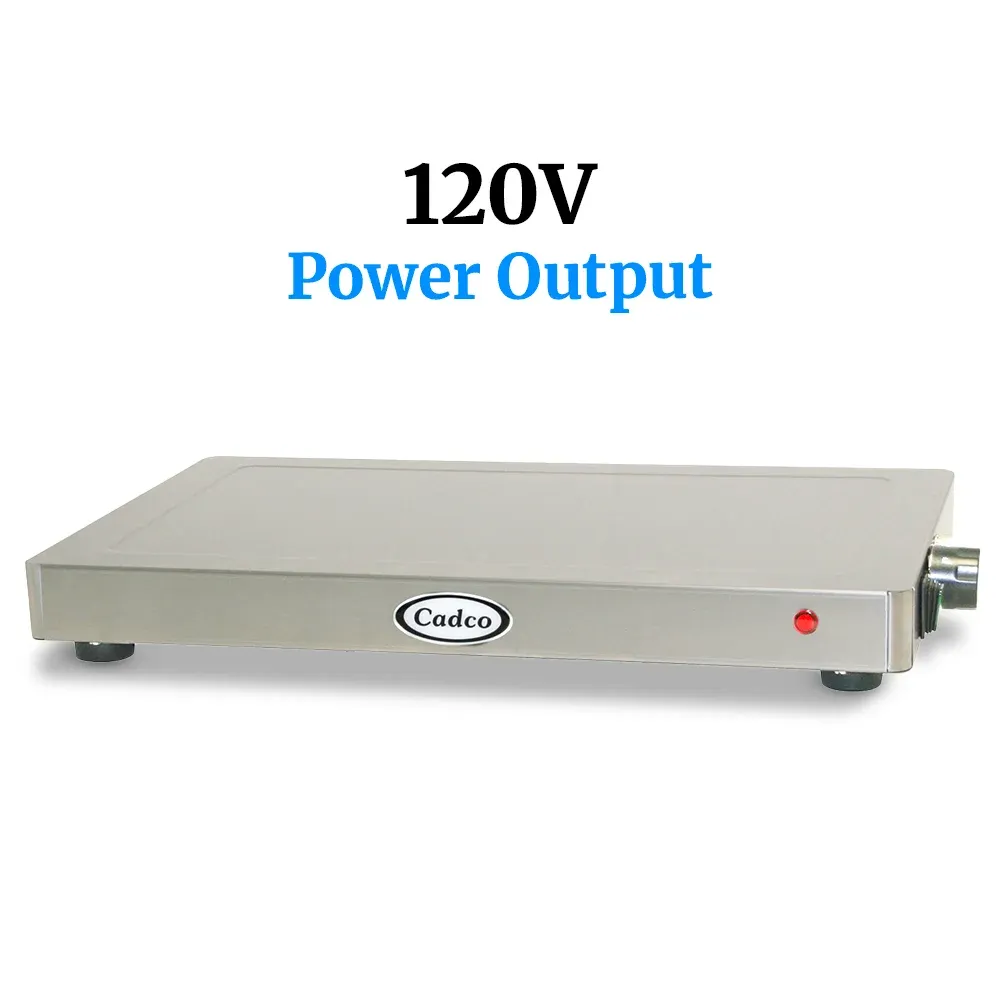 Cadco heavy-duty countertop warming shelf with adjustable heating, compact stainless design for durable commercial buffet or catering presentations.