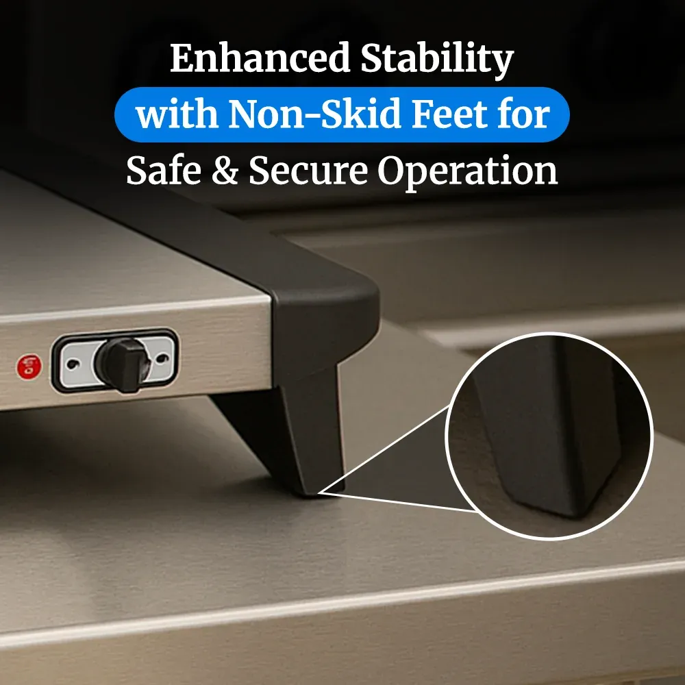 Cadco compact electric warming shelf in brushed stainless steel offers consistent heat for plated dishes on small service lines or kitchen staging.