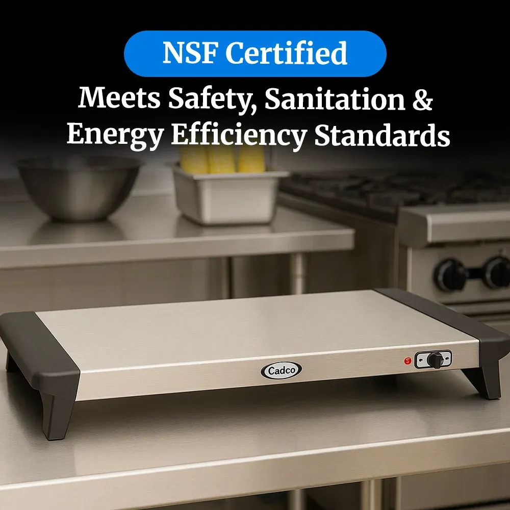 Cadco compact electric warming shelf in brushed stainless steel offers consistent heat for plated dishes on small service lines or kitchen staging.