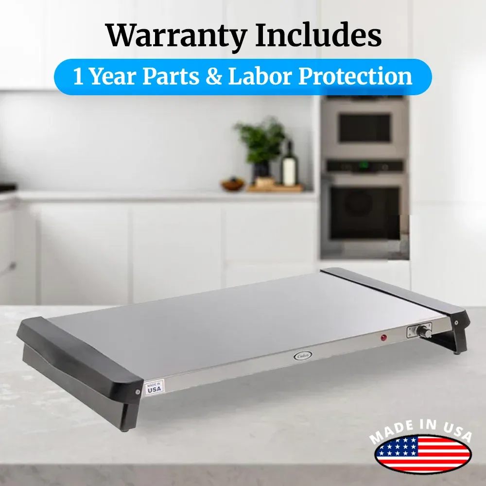 Cadco compact electric warming shelf in brushed stainless steel offers consistent heat for plated dishes on small service lines or kitchen staging.