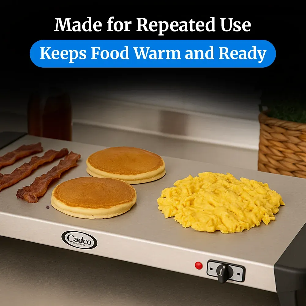 Cadco extra-large countertop warming shelf with stainless steel body, vented design, and adjustable thermostat for commercial food presentation.