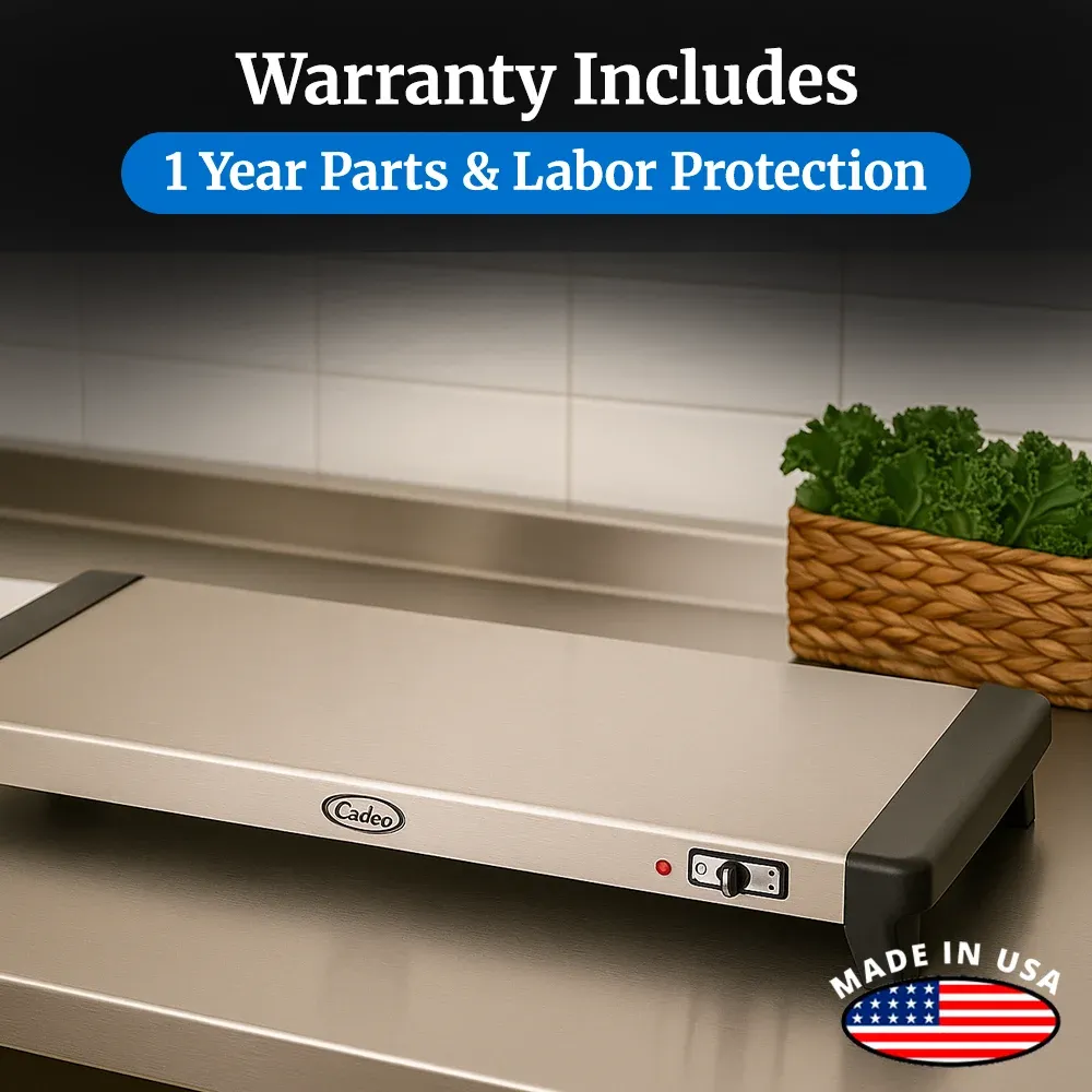 Cadco extra-large countertop warming shelf with stainless steel body, vented design, and adjustable thermostat for commercial food presentation.