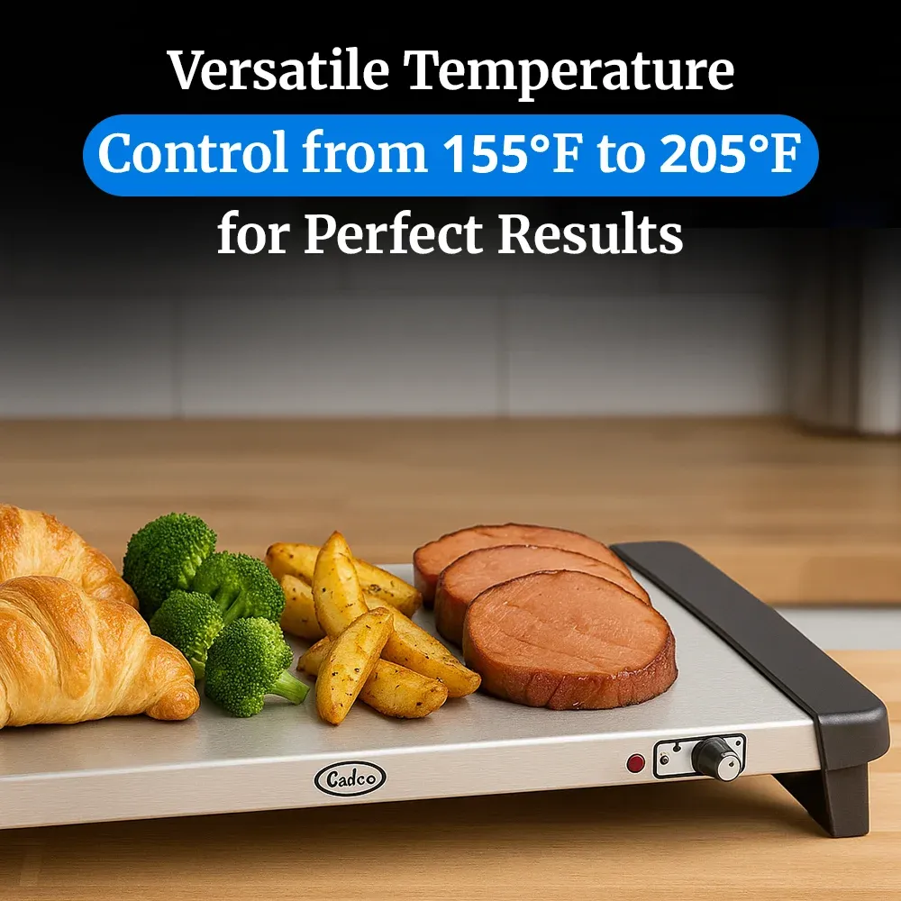Cadco extra-large countertop warming shelf with stainless steel body, vented design, and adjustable thermostat for commercial food presentation.
