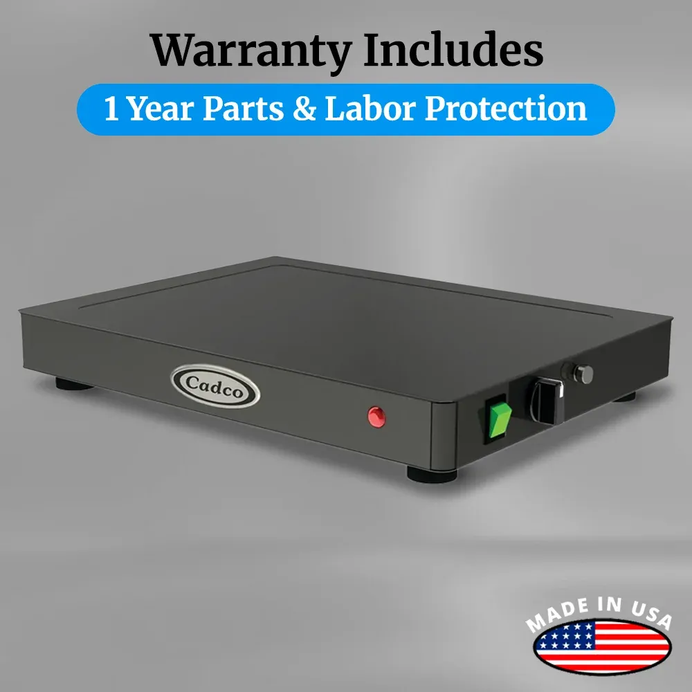 Cadco compact heavy-duty countertop warming shelf with stainless finish, adjustable temperature, durable build for catering or commercial food display