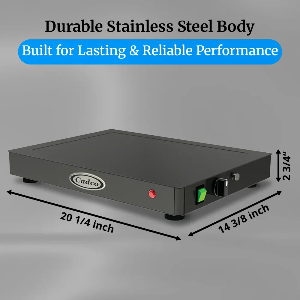 Cadco compact heavy-duty countertop warming shelf with stainless finish, adjustable temperature, durable build for catering or commercial food display