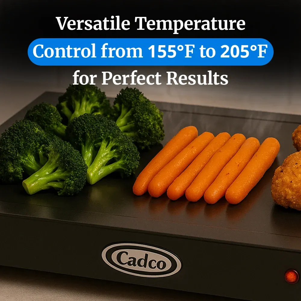 Cadco compact heavy-duty countertop warming shelf with stainless finish, adjustable temperature, durable build for catering or commercial food display