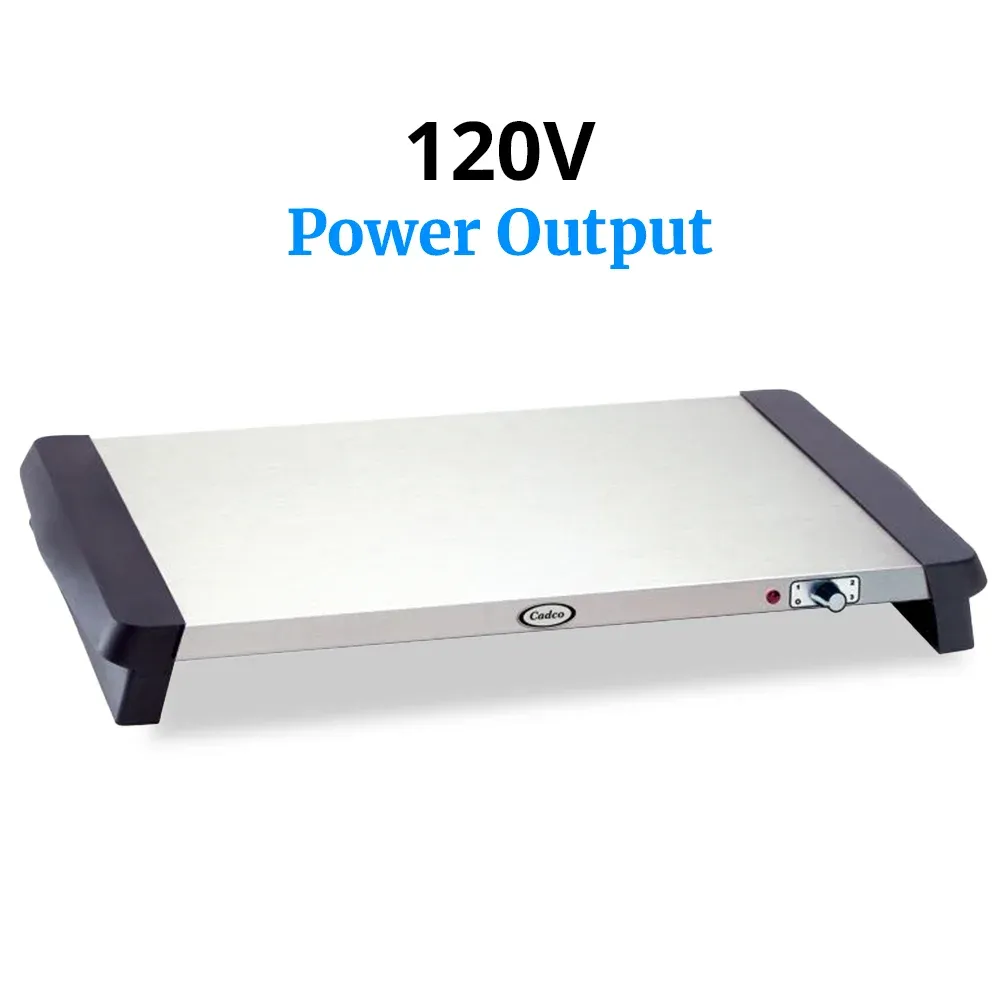 Cadco compact electric countertop warming shelf in stainless steel, easy to clean, with adjustable thermostat for commercial buffet or catering needs.