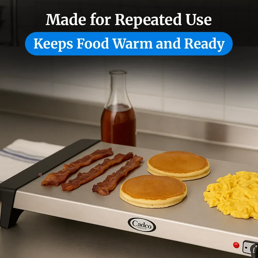 Cadco compact electric countertop warming shelf in stainless steel, easy to clean, with adjustable thermostat for commercial buffet or catering needs.