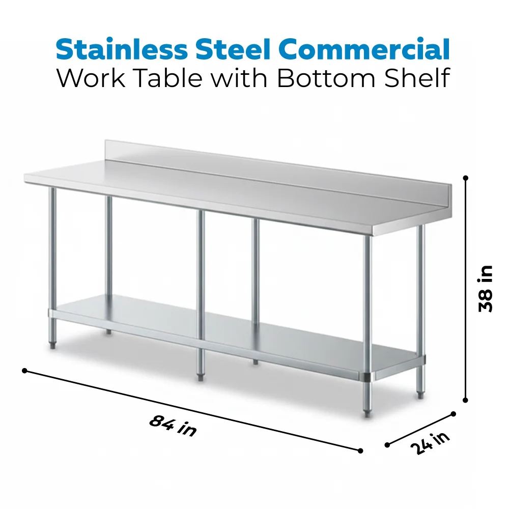 24" x 84" 18 Gauge Commercial Work Table with 4" Backsplash, Galvanized Legs, and Undershelf, 304 Stainless Steel