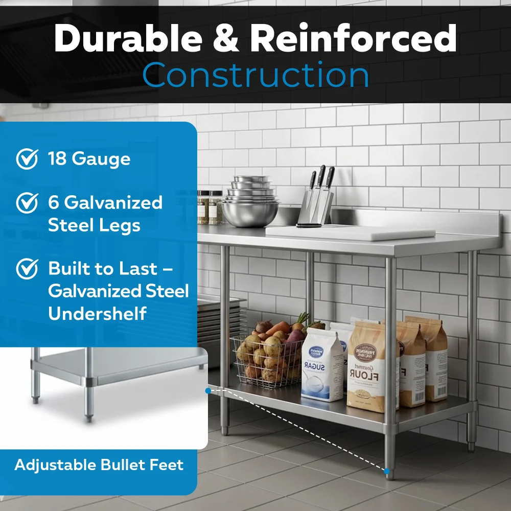 24" x 84" 18 Gauge Commercial Work Table with 4" Backsplash, Galvanized Legs, and Undershelf, 304 Stainless Steel