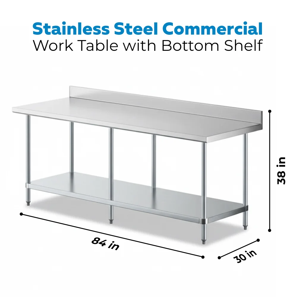 30" x 84" 18 Gauge Commercial Work Table with 4" Backsplash, Galvanized Legs, and Undershelf, 304 Stainless Steel