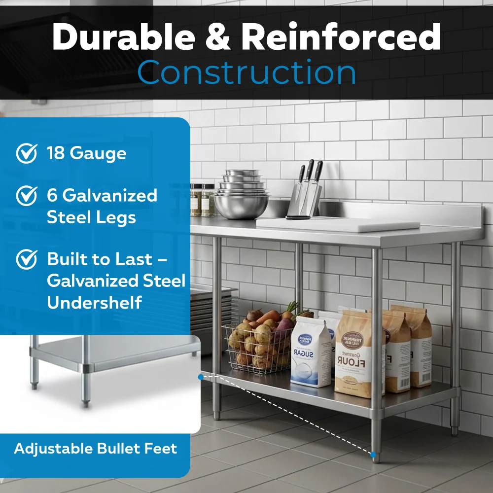 30" x 84" 18 Gauge Commercial Work Table with 4" Backsplash, Galvanized Legs, and Undershelf, 304 Stainless Steel