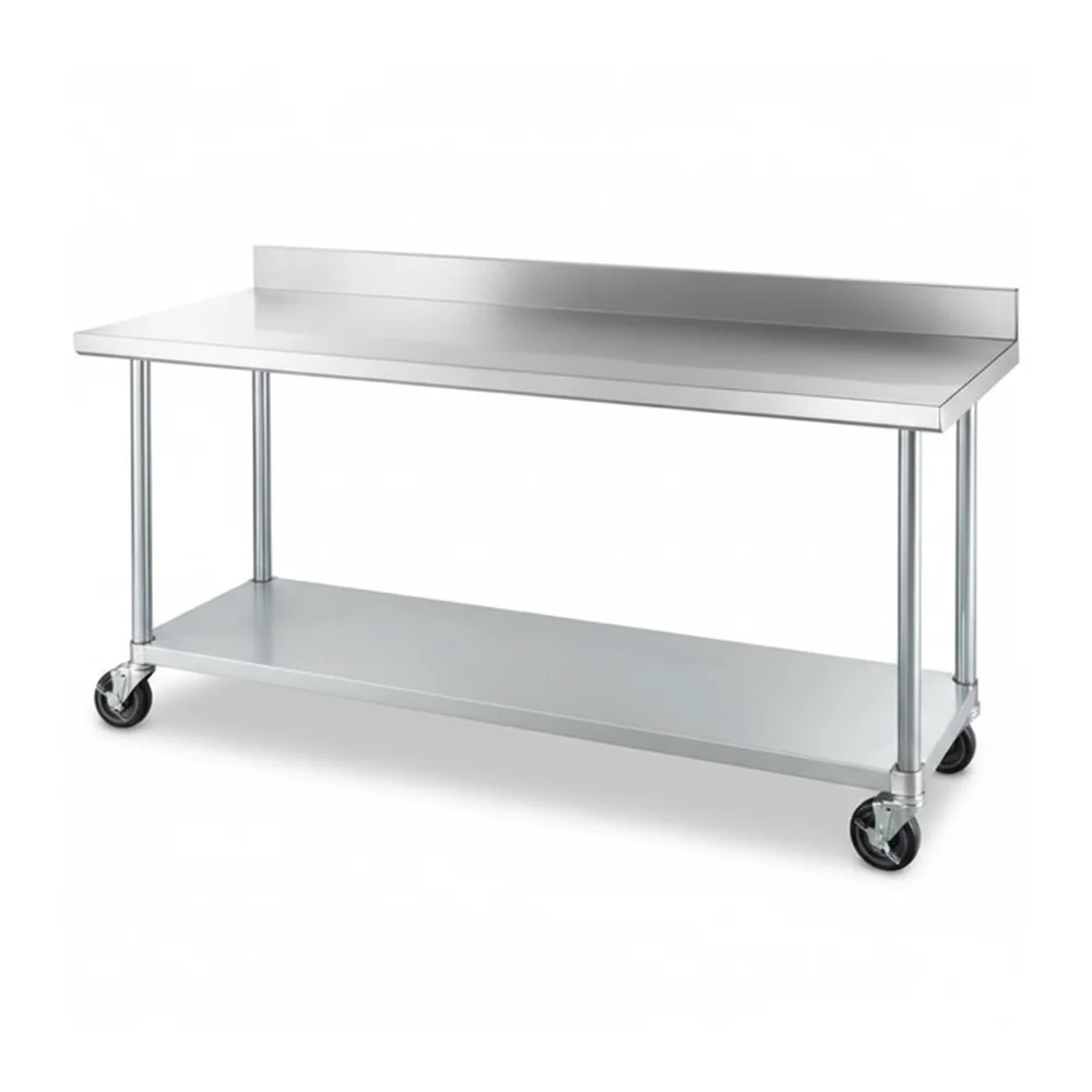 24" x 72" 18 Gauge Commercial Work Table with 4" Backsplash, Galvanized Legs, Undershelf, and Casters, 304 Stainless Steel